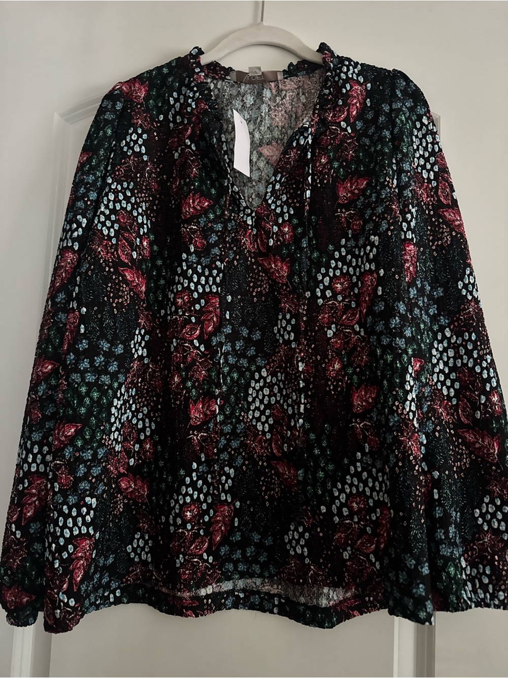 Folk Black Floral V-Neck Blouse with Red & Teal Accents